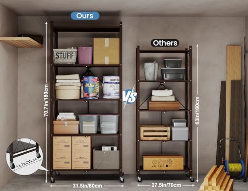 Image of ALANNG 70.7 inch H Metal Storage Shelves, 5 Tier Folding Shelf on Wheels | Heavy Duty, No Assembly, Rolling, Collapsible Rack Unit for Kitchen, Basement, Pantry (Vintage Brown,3 Pack)