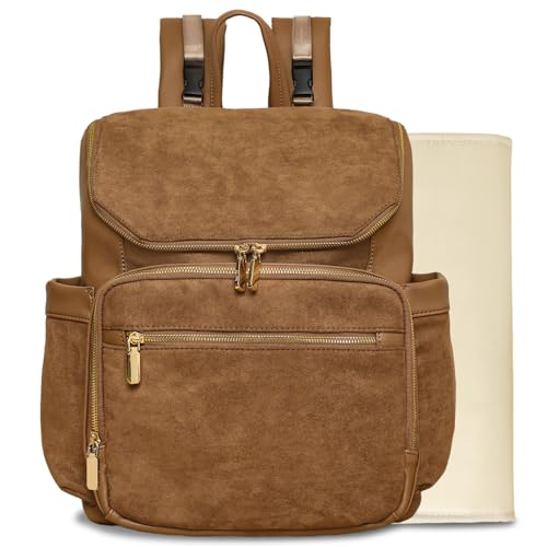 miss fong Diaper Bag Backpack - Large Diaper Bag Backpack Baby Backpack Suede Diaper Backpack with 14 Pockets Paaleras Para Bebe with Waterproof Wet Pocket Luggage Sleeve for Mom Dad-Brown