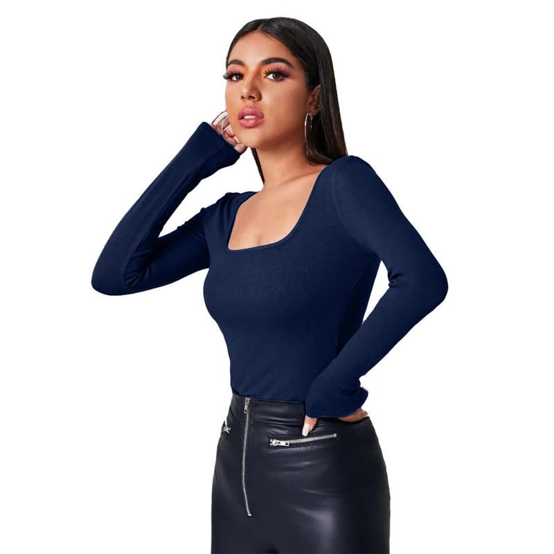 glare & blair Solid Square Neck Long Sleeve Casual Stylish Western Ribbed Tops for Women-picture-43
