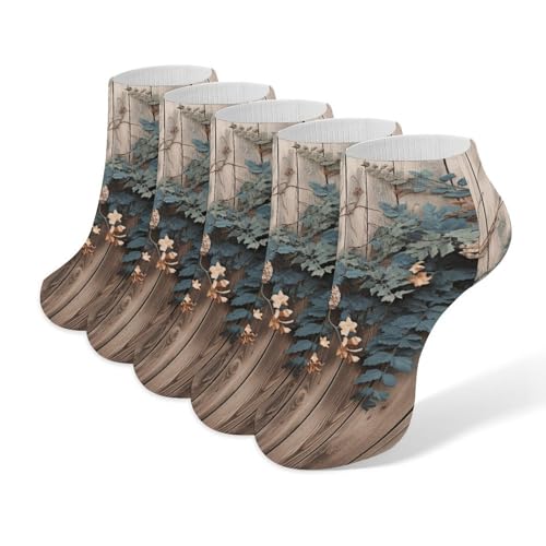 Leaves Floral on Rustic Wood Ankle Socks for Men & Women, 5 Pairs Breathable Soft Low Cut Socks, Stretch Sweat Wicking Sox