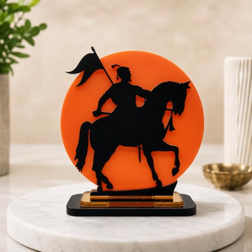 Image of Chatrapati Shivaji Maharaj Acrylic Idol | Decorative Table Showpiece with Orange Background & Silhouette Design | Car, Home, Office & Gift Decor, 4 Inch