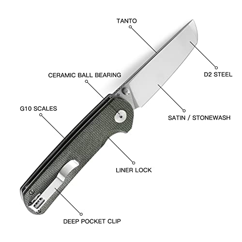 Bestech Knives Pocket Folder Folding Knife: 3" D2 Steel Blade, Micarta Scales, Thumbstud, Flipper, Liner Lock, Edc Steel Clip, Bg31B-1 (Green Micarta) #TOP3