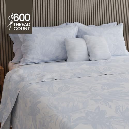 Image of BOUTIQUE LIVING Luxe Loom Weavers Gallore 100% Cotton 600 TC Blue Floral King Bedsheet Set