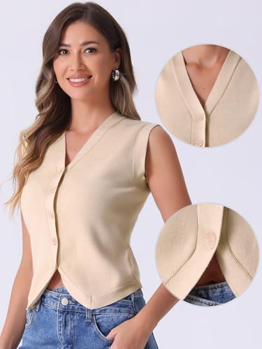 Image of Allegra K Vest Tops for Women Sleeveless Sweater V Neck Cropped Button Up Business Casual Knit Tank Tops