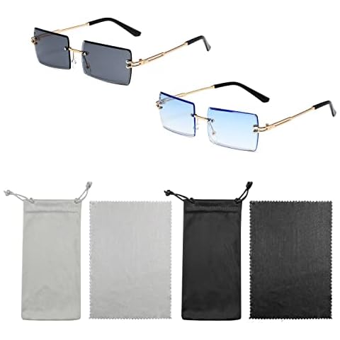 BEIIEB 2 Pairs of Rectangular Rimless Sunglasses with 2 Glasses Bags and Glasses Cloth, Retro Transparent Sunglasses, HD Vision UV Protection for Beach Going Out Shopping Party Cover