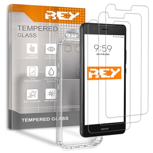 REY Pack 3X Pellicola salvaschermo e Cover per Huawei P9, Vetro temperato e Silicone TPU ad Alta Resistenza