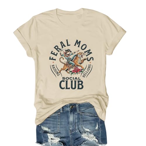 Lubpow Mama Shirts for Women Cool Feral Moms Social Club T-Shirt Vintage Western Graphic Shirt Funny Mothers Day Tee Tops(Apricot L)