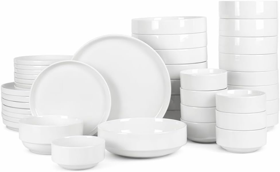 Gibson Home Zen Buffet Porcelain Ceramic Dinnerware Sets for 8, Plates and Bowls Set (40pcs), White Embossed Dishes