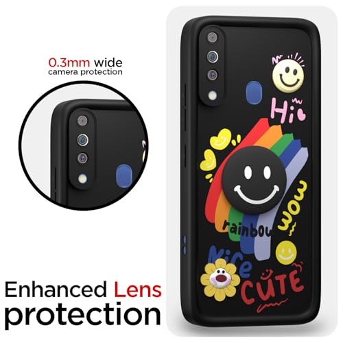 Image of Pikkme Back Cover for Samsung Galaxy M30 | Soft Silicone| Cute Rainbow Smile & 3D Cartoon Flower Design | Shockproof Raised Camera Protection Bumper Case (Black)