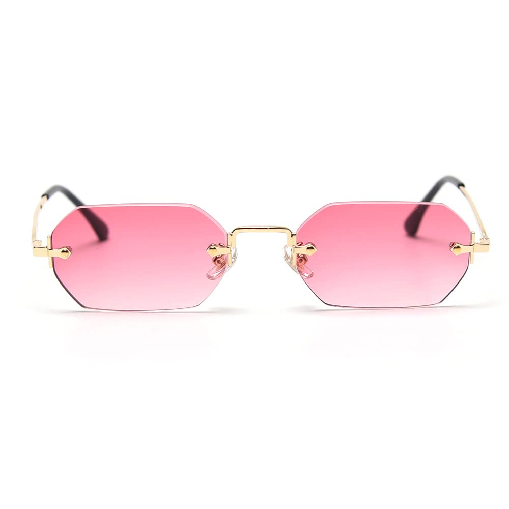 LIGOES - Occhiali da sole rettangolari da uomo, senza montatura, occhiali da sole ottagonali, piccoli, occhiali da donna, metallo, oro, poligono, blu, marrone uv400