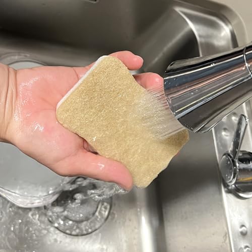 Image of Natural Sisal & Wood Pulp Sponge Scrubber - Eco-Friendly, Biodegradable Kitchen Sponge - Dual-Sided Coconut Fiber & Cellulose Scrubber for Dishwashing & Household Cleaning (Light Brown - 6pcs)
