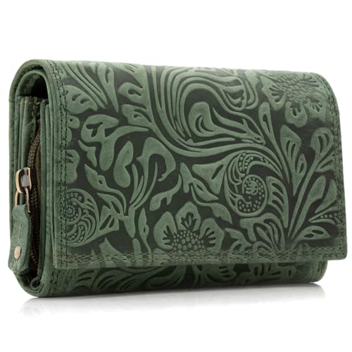 ekavale Damen Leder-Geldbörse mit Blumenmotiv und RFID-Blockierung, Portemonnaie Langformat mit Druckknopfverschluss (Grün)
