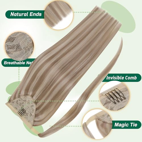 Image of Easyouth Human Hair Ponytail Extension, Light Brown Highlights Blonde, 12 Inch 70G, Wrap around Ponytail, Natural Party Wear, Real Hair Ponytail Extension for Women