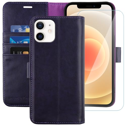 MONASAY Wallet Case Compatible for iPhone 12 mini 5G 5.4-inch,[Glass Screen Protector Included] [RFID Blocking] Flip Folio Leather Cell Phone Cover with Credit Card Holder, Purple