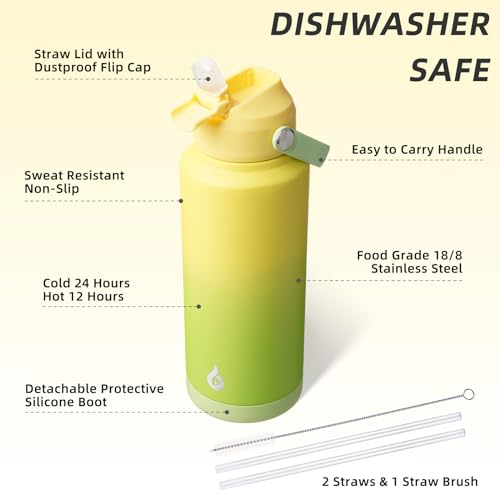 Image of BJPKPK Water Bottle with Straw Lid, 32oz Vacuum Insulated Water Bottles, Metal Stainless Steel Thermo for Sports, Travel, BPA Free Leak Proof Thermo, Cups, Flasks, Tumblers,Fresh Green