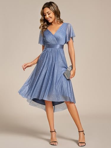 Ever-Pretty Women's Elegant V Neck Pleated Short Sleeves Glitter A Line Midi Wedding Guest Dress 521594