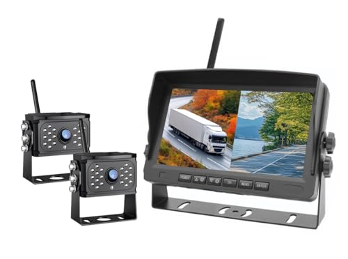 ULOPOPワイヤレスバックカメラモニターセットデジタル信号搭載 IPS液晶 7インチバックモニター ワイヤレスバックカメラ2個搭載 4K画質 デジタル信号 画面分割/反転表示 DC 9-36広電圧 トラック対応 録画機能付 BSD警報機能付き 2年メーカー保証 (MR719-2)