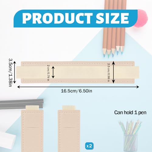 Image of 2 PCS Pen Holder for Notebook, Beige Pen Sleeve Pouch with Elastic Band, PU Leather Pencil Holder Loop for Journal Office Books School