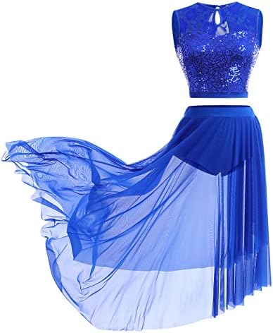Lyrical Dance Costume for Women Adult Modern Contemporary Dancewear Dress Sequin Lace Floral Sleeveless Crop Top Asymmetrical Flowy Mesh Tulle Skirt 2pcs Ballet Leotard Outfit Ballroom Royal Blue XL