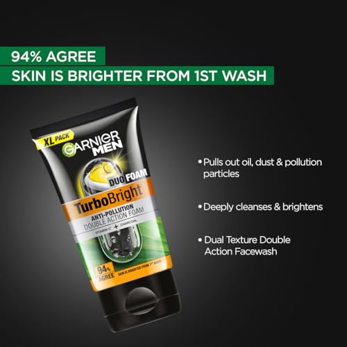 Image of Garnier Men, Face Wash, Brightening & Anti-Pollution, TurboBright Double Action, 155 g (Pack of 2)