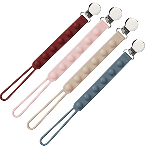 Image of Viyuse One-Piece Paci Chain Pacifier Clip Silicone Pacifier Holder Teether Clip Soothers Binky Holder for Baby Pacifier Leashes&Cases Girls and Boy Birthday Christmas Shower Gift Grey 4pack