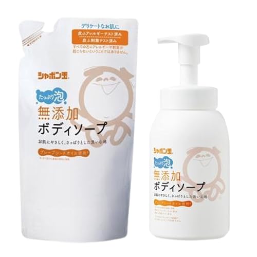 【セット品】シャボン玉 無添加ボディソープ たっぷり泡 本体+つめかえ 2点セット 泡立ち きめ細か 泡洗浄 保湿 さっぱり うるおい 低刺激 弱酸性 無香料 無着色 石けん成分 つっぱらない 敏感肌用 家族用 ボディケア用
