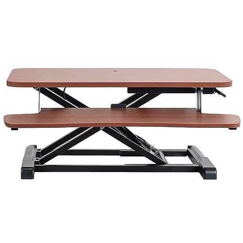 Image of VIVO 28 inch Desk Converter, K Series, Height Adjustable Sit to Stand Riser, Dual Monitor and Laptop Workstation with Keyboard Tray, Dark Walnut Top, Black Frame, DESK-V028KA