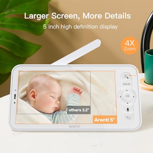 ARENTI Baby Monitor, 2K Smart Baby Camera with 5-Inch Upgraded Wireless Display, Super Night Vision, Lullabies, Cry & Motion Detection, Temp & Humidity Sensor, Two Way Audio