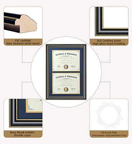 Image of ELSKER&HOME Double Diploma Frame for Two 8.5x11 with Navy Mat,Wood Black | Double Mat, Navy Mat with Golden Rim for Two 8.5x11 Inch with Mat and 13.5x20 Inch Without Mat for Documents Certificates