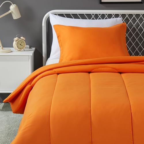 Image of Amazon Basics 2-Piece Soft Microfiber Kids' Comforter and Pillow Sham Set, Twin, Bright Orange, Solid