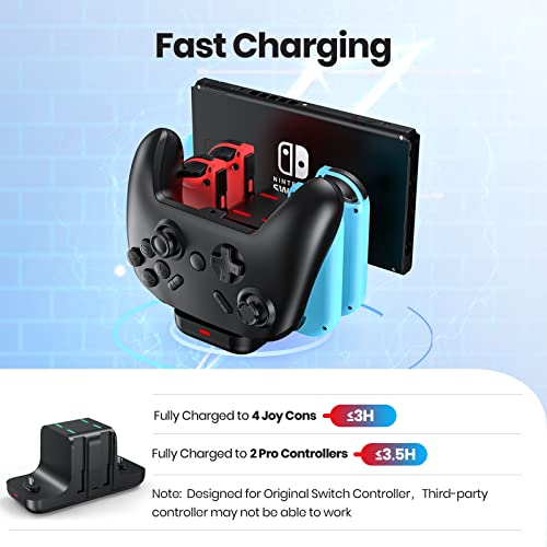 Image of NEWDERY 6-in-1 Charger Dock for Nintendo Switch Pro Controller and Joy con | Fast Charging Dock with LED Indicators, Compatible with Nintendo Switch / OLED / Lite, Includes USB-C Charging Cable