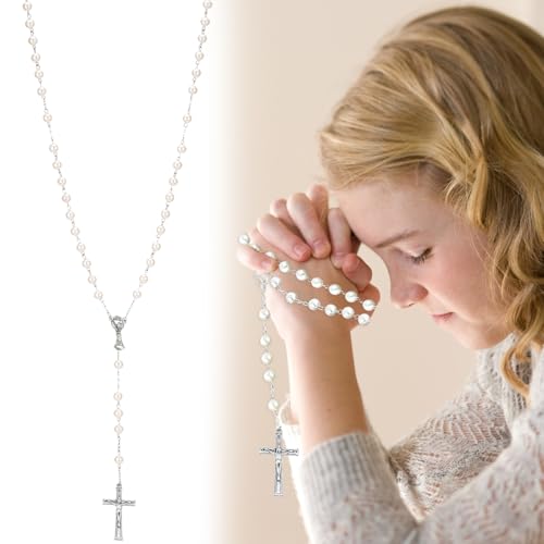 Rosenkranz Kommunion Halskette, Perlen Katholische Kreuz Halskette, Taufe Rosenkranz, Katholisches Rosenkranz Halskette, Elegante Kreuz Gebetskette Christlich Kommunion Geschenk für Mädchen Jungen