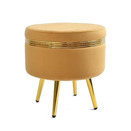 Image of NACIA Ottoman Pouffe Stool for Living Room Sitting, Beige (16x16x17 inch) - Round Footstool /Foot Rest with 4 Wooden & Golden Metal Legs for Dressing Table, Home Decor, Balcony, Bedroom