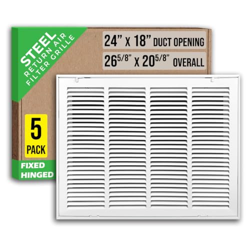 [5 Pack] Fits 24x18 Duct Opening | Steel Return Air Filter Grille by Handua [Fixed Hinged], Vent Cover Grill for Sidewall and Ceiling | White | Outer Dimensions: 26 5/8"W X 20 5/8"H