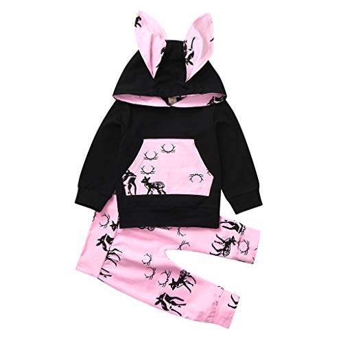 Baby Girls Clothes Toddler Long Sleeve Cartoon Deer Print Hoodie Tops Sweatsuit Long Pants Outfit Set (Age:18-24 Months, Pink)