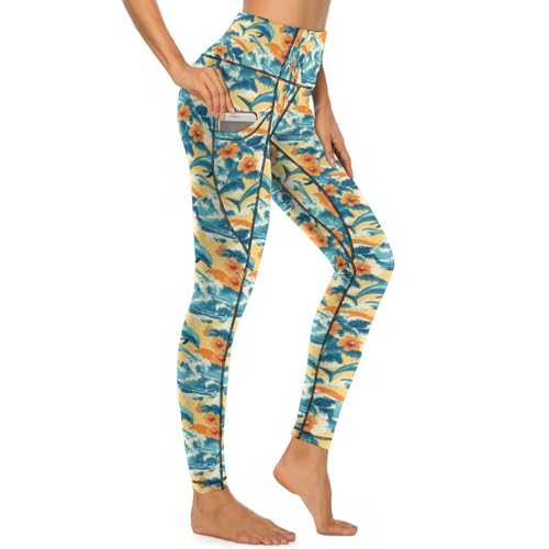 Legging d'entraînement pour femme avec poches et motif hawaïen