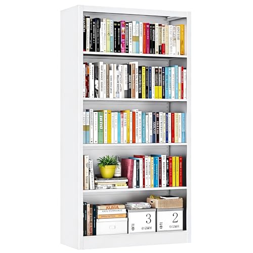 Image of 66 inch Tall Metal Bookcase, 5 Shelf Heavy Duty Bookcase with Adjustable Shelves, Large Book Storage Shelf for Living Room, Home Office, Library, White