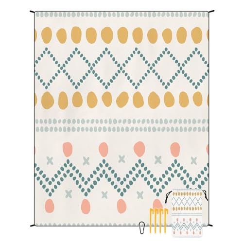 Bohemian Geometric Beach Mat, Sandproof Waterproof Picnic Blanket, Portable Outdoor Camping Mat with Stakes & Carry Bag, Boho Moroccan Print Large Beach Blanket for Travel, Park, Hiking
