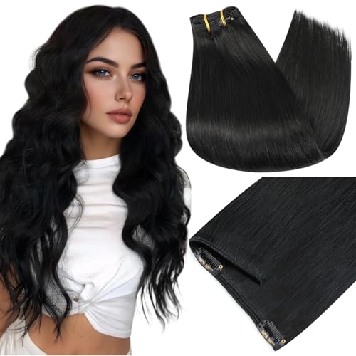 Image of Full Shine Black Clip in Hair Extensions, Real Human Hair Clip ins | Straight Remy Hair Extensions Clip ins, Full Head Volume, Medium to Thick Hair, 20 Inch 150g 7Pcs