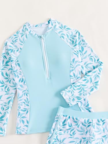 Image of SEGT Girl's Floral Long Sleeve Rash Guard with Bikini Bottom 2 Piece Swimsuit Set