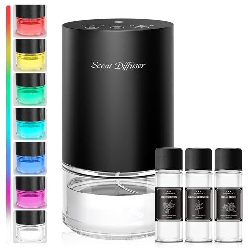 Waterless Essential Oil Diffuser Stater Kit – Included 3x20mL Essential Oils, Battery Operated, Cold Air Scent Diffuser for Home, Car, Office, Portable Diffuser with 7-Color Light, 100mL