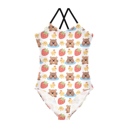 senya Girls Swimsuits One-Piece Swimwear Tie Bathing Suit Beach Summer Round Neck 5-6T Guinea Pig Chicken Pattern