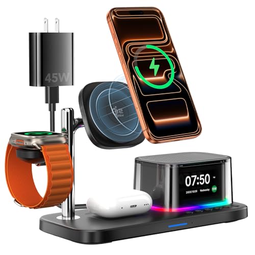 Alarm Clock with Wireless Charging,7 in 1 Charging Station with Night Light,Bluetooth Speakers,Qi2 25W Magnetic Charger for iPhone 17 16 15 14 13 12 Pro Max Plus Apple Watch Airpods,Bedroom