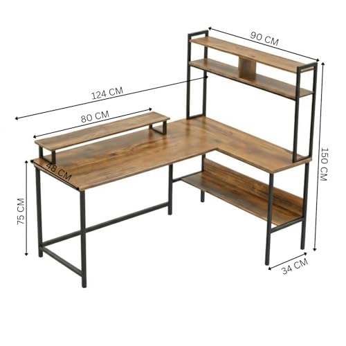 Image of TEKAVO Tonny L Shape Table for Home Office, Computer Table for Home Pc, L Shaped Office Table, Gaming Work Desk | with Book Shelf + Monitor Riser, Brown Wood, Metal (124 x 48 x 75 Cm) | DIY