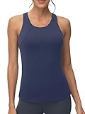 High Neck Workout Tank Tops Sports Bras for Women Full Coverage Tank with Built-in Shelf Bras Racerback Yoga Gym Shirt Navy Blue
