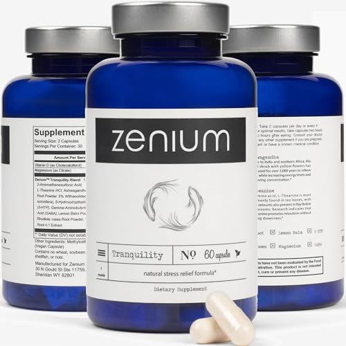 Zenium - Relieve Stress, Tension, Worry, Nervousness, & Irritability | Calm The Mind & Body | Ayurvedic | Natural Relief Supplement | Boosts Mood | Ashwagandha, L-Theanine, GABA, Rhodiola |60 Capsules