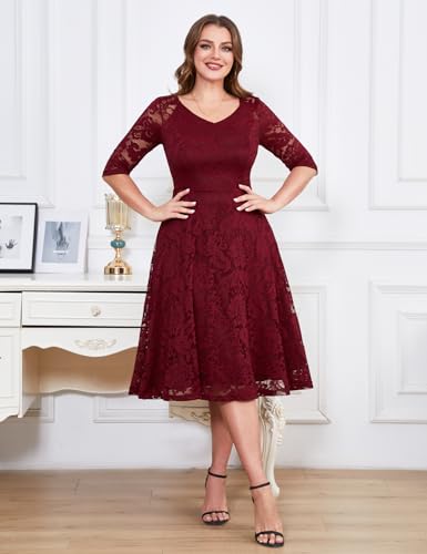 Image of Dressystar Womens Long-Sleeve Wedding Guest Dress A-Line Lace Formal Party Cocktail Midi Dress Prom Gown