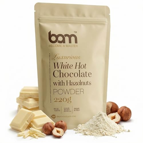 BAM Chocolate Blanco a la Taza con Avellanas, 220 g – Chocolate Caliente en Polvo – Preparado para Bebida Suave y Cremosa con Cuchara Medidora