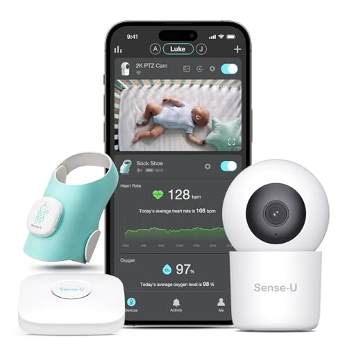 Image of Sense-U Baby Sock Shoe Bundle Smart Baby Monitor: Sock Shoe Plus 2.5K PTZ Camera - Track Heart Rate, Sleep Movement, Heartbeat, Pan-Tilt-Zoom Video, AI Cry Detection, Audio