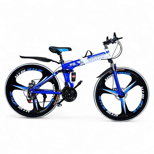 Foldable Sports Bicycle, 26-Inch Mountain Bike with 21-Speed Gear System, Carbon Steel Frame, Dual Disc Brakes – Blue (Unisex) – for Off-Road Adventures
